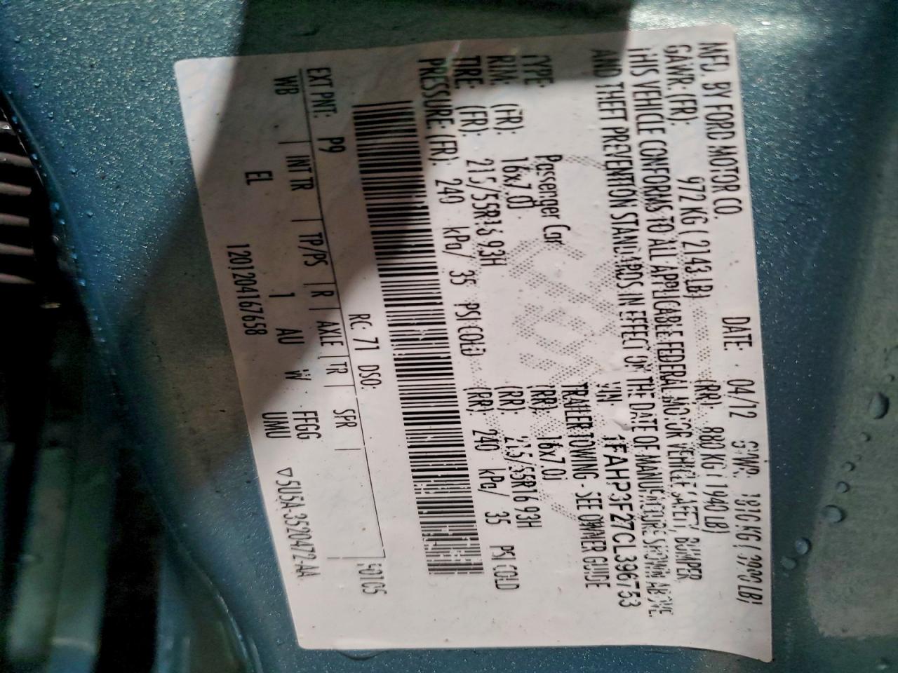 2012 Ford Focus Se VIN: 1FAHP3F27CL396753 Lot: 93939745