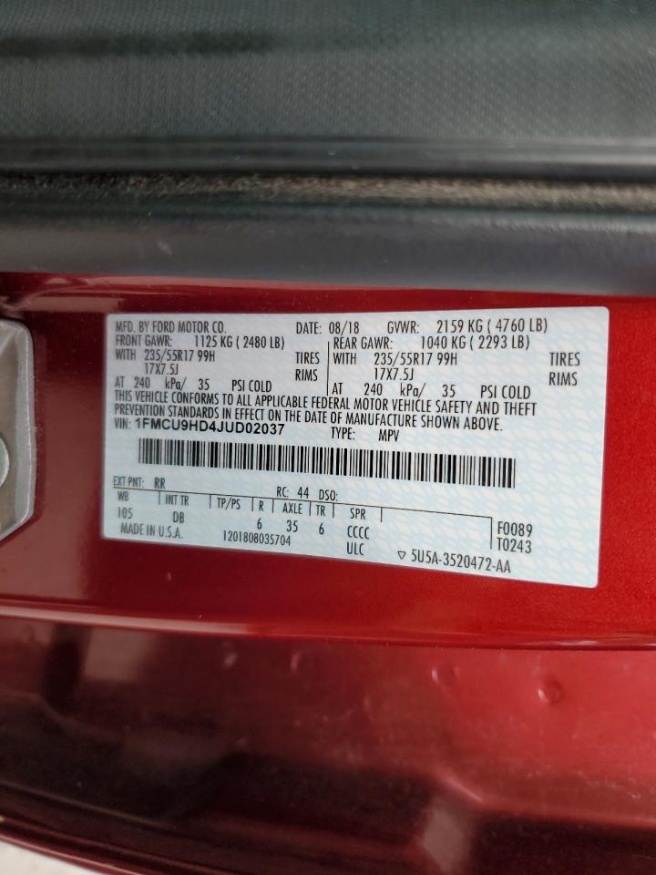 2018 Ford Escape Sel VIN: 1FMCU9HD4JUD02037 Lot: 93174785