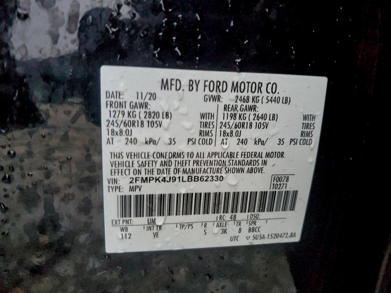 2020 Ford Edge Sel VIN: 2FMPK4J91LBB62330 Lot: 93397015