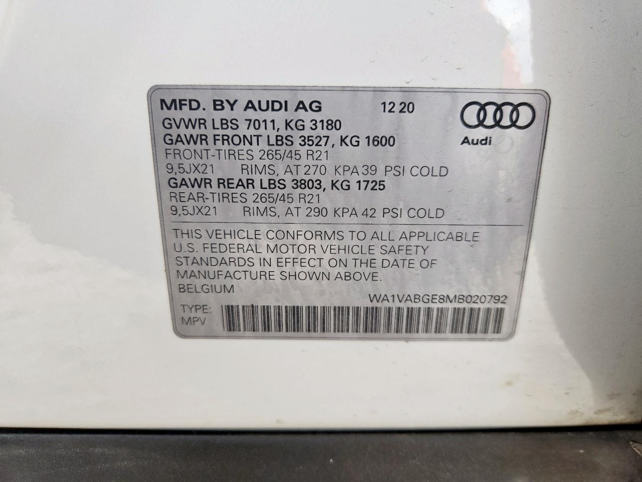 2021 Audi E-Tron Prestige VIN: WA1VABGE8MB020792 Lot: 92741205