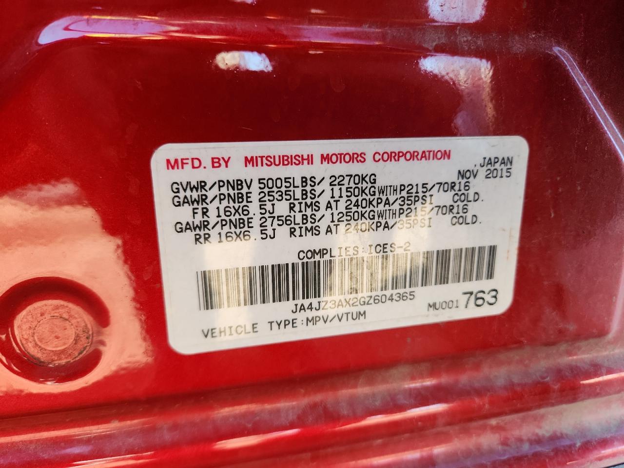 2016 Mitsubishi Outlander Se VIN: JA4JZ3AX2GZ604365 Lot: 91674465