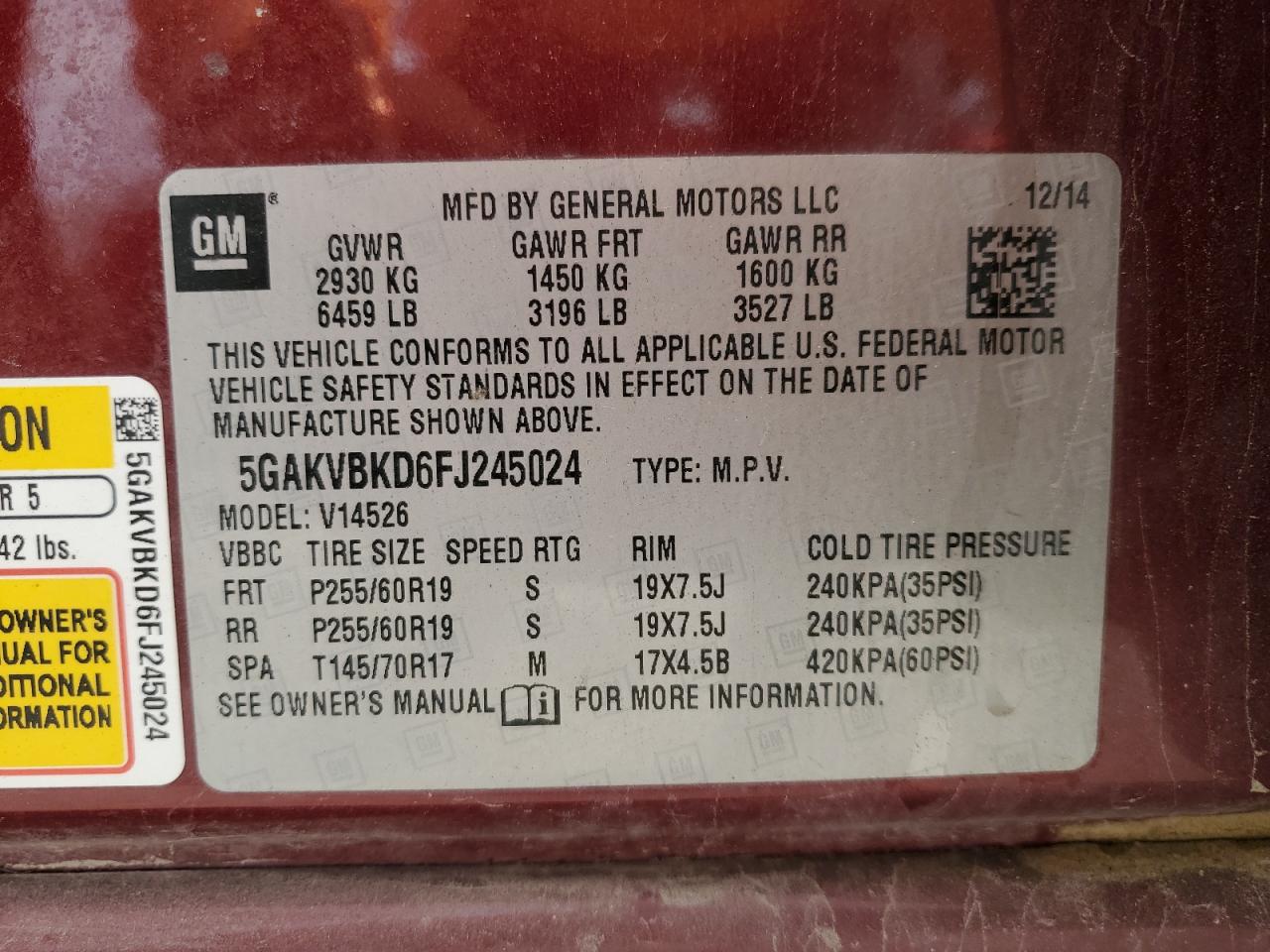 2015 Buick Enclave VIN: 5GAKVBKD6FJ245024 Lot: 92003215