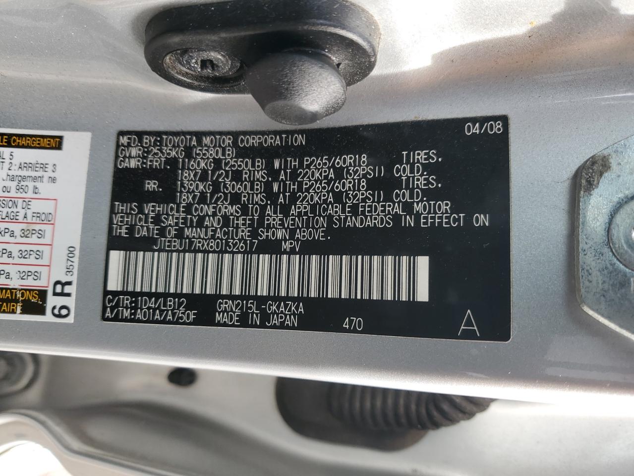 2008 Toyota 4Runner Limited VIN: JTEBU17RX80132617 Lot: 92847135