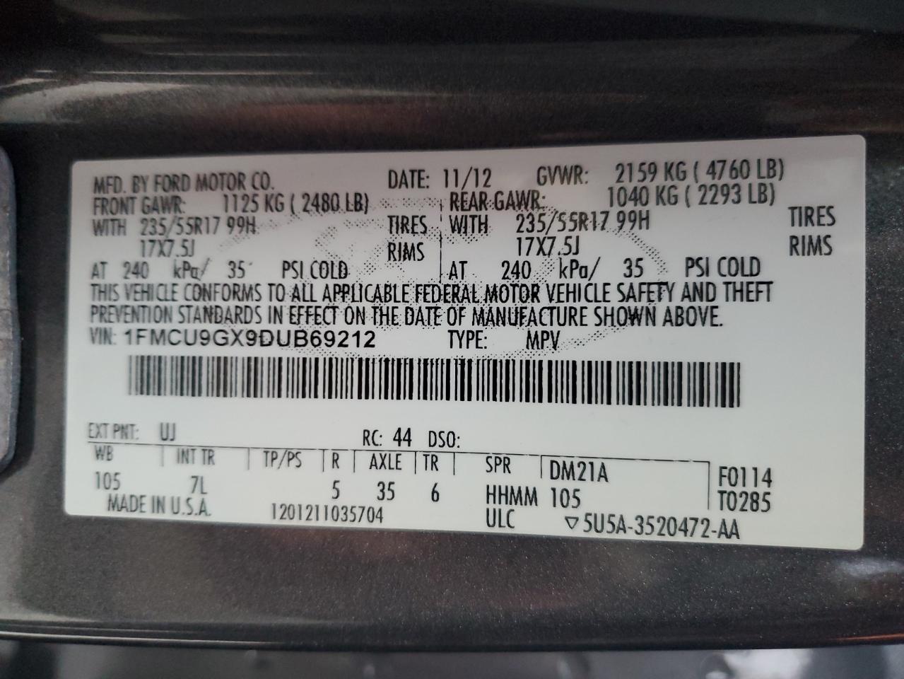 2013 Ford Escape Se VIN: 1FMCU9GX9DUB69212 Lot: 92090475