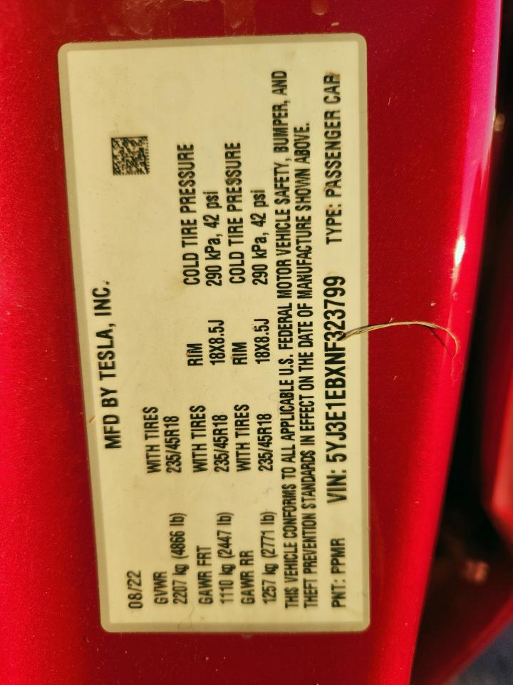 2022 Tesla Model 3 VIN: 5YJ3E1EBXNF323799 Lot: 92209465