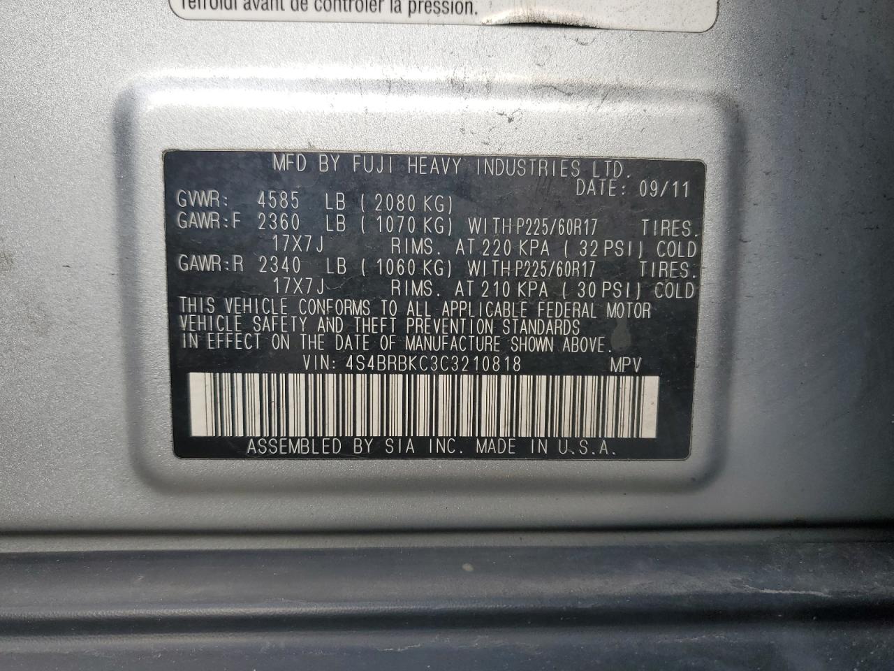 2012 Subaru Outback 2.5I Limited VIN: 4S4BRBKC3C3210818 Lot: 92823935