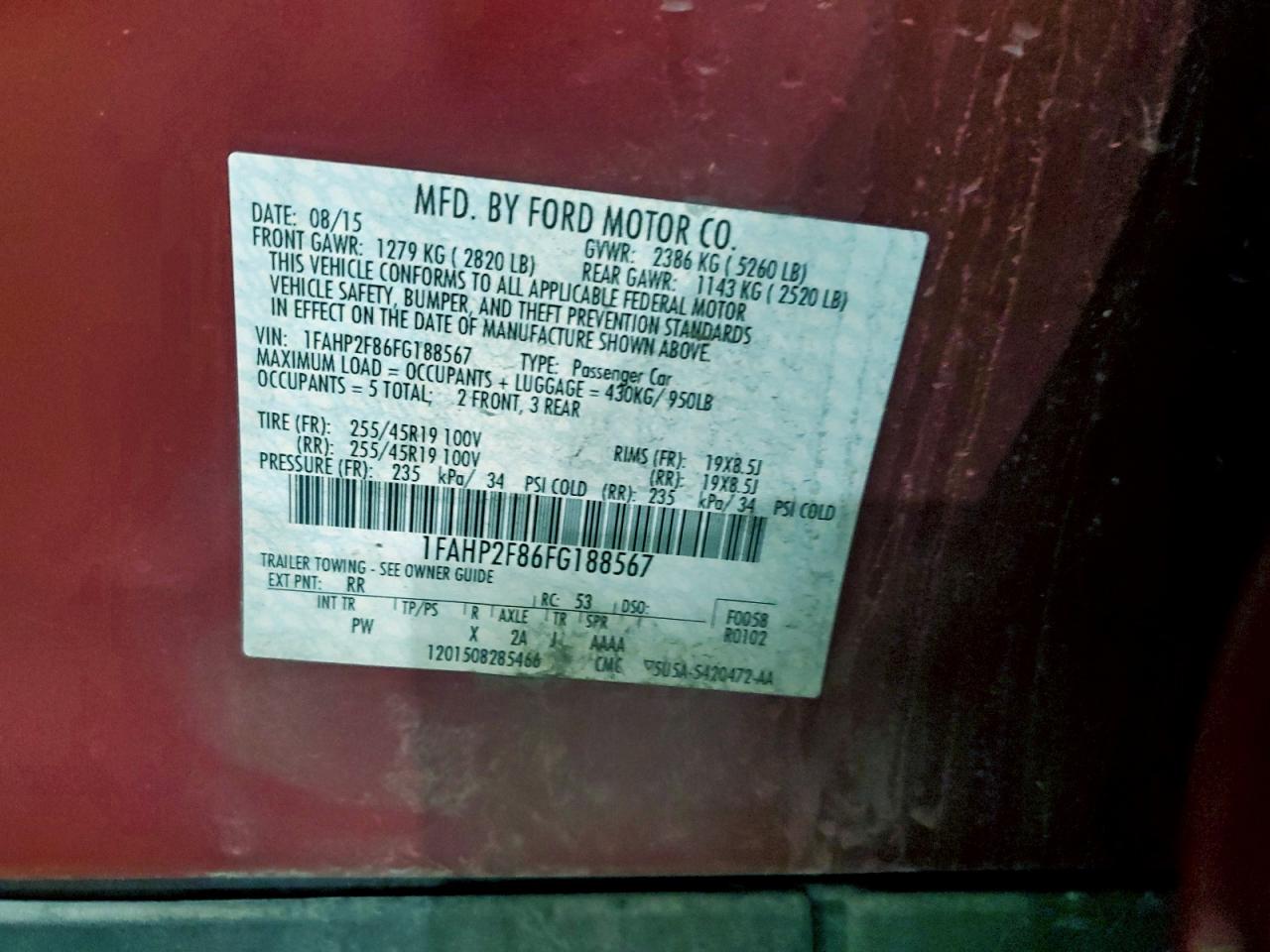 2015 Ford Taurus Limited VIN: 1FAHP2F86FG188567 Lot: 94181365