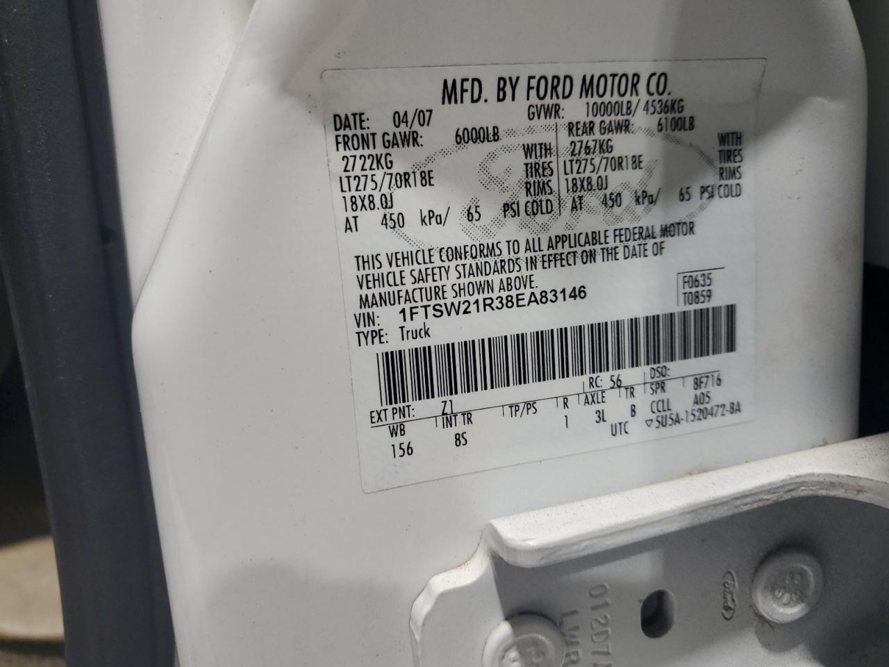 2008 Ford F250 Super Duty VIN: 1FTSW21R38EA83146 Lot: 93155595