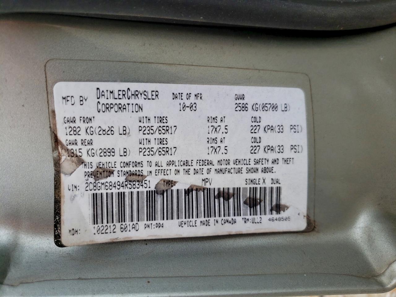 2004 Chrysler Pacifica VIN: 2C8GM68494R583451 Lot: 94086945