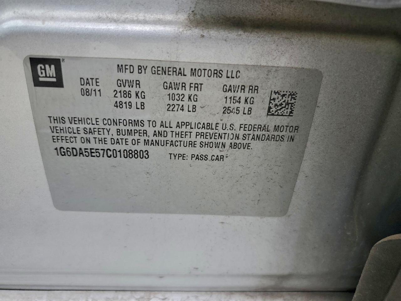 2012 Cadillac Cts VIN: 1G6DA5E57C0108803 Lot: 94164415