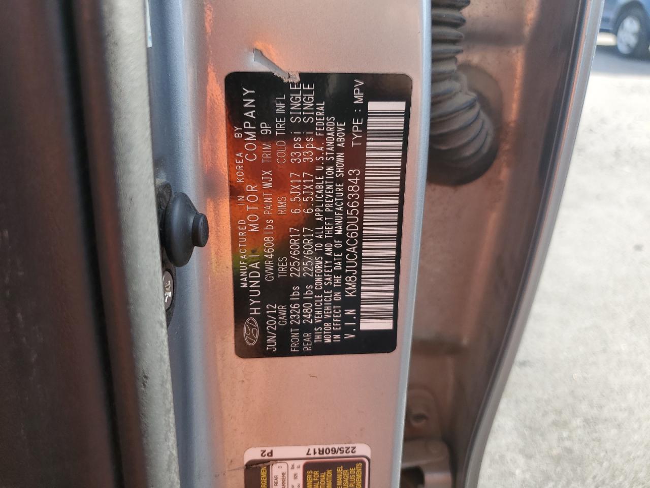 2013 Hyundai Tucson Gls VIN: KM8JUCAC6DU563843 Lot: 92357055