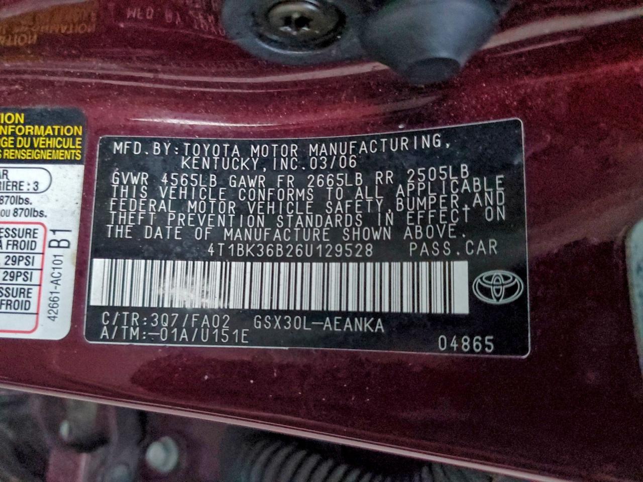 2006 Toyota Avalon Xl VIN: 4T1BK36B26U129528 Lot: 94124155