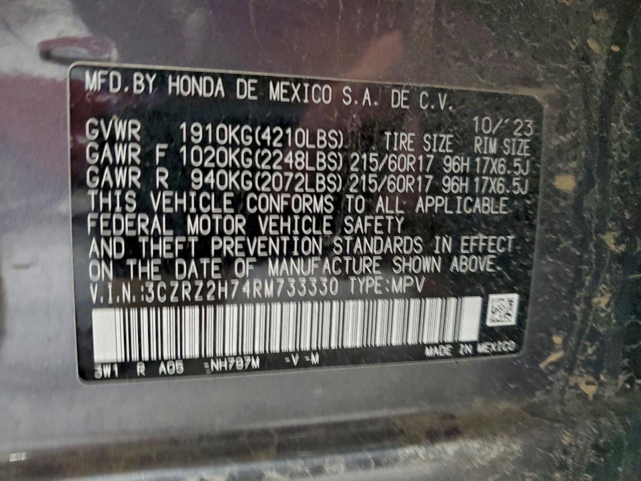 2024 Honda Hr-V Exl VIN: 3CZRZ2H74RM733330 Lot: 94357225