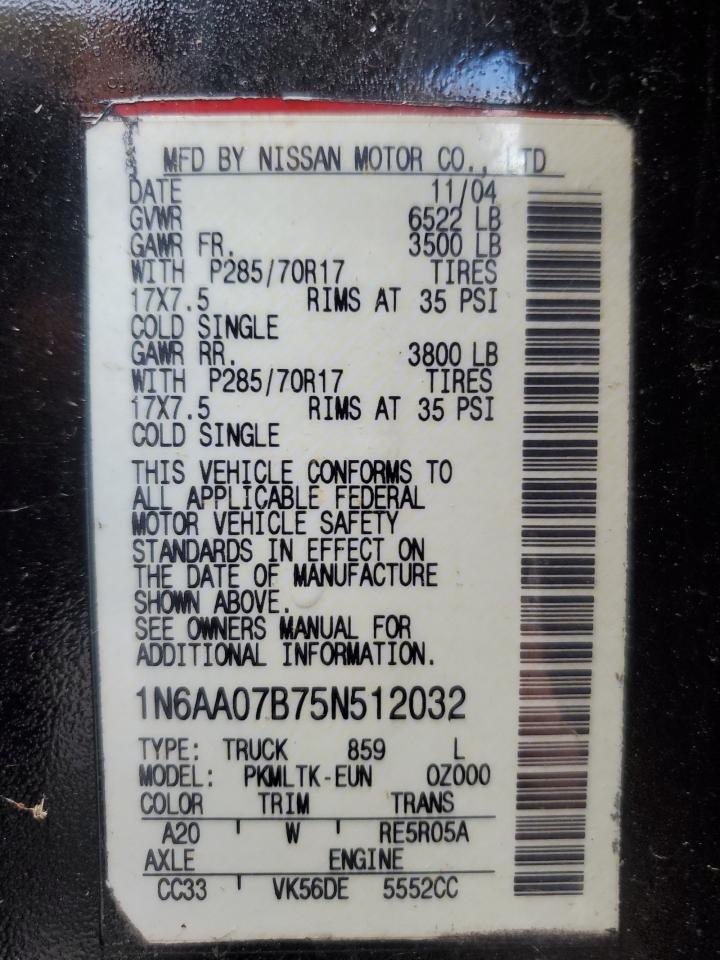 2005 Nissan Titan Xe VIN: 1N6AA07B75N512032 Lot: 91972545