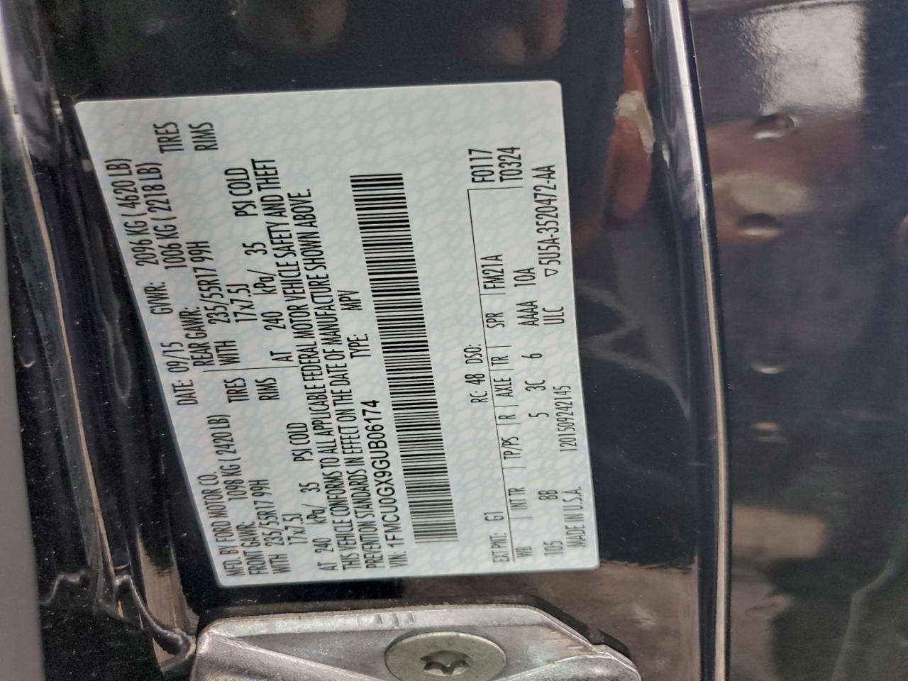 2016 Ford Escape Se VIN: 1FMCU0GX9GUB06174 Lot: 93429345