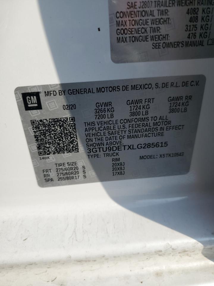 2020 GMC Sierra K1500 Slt VIN: 3GTU9DETXLG285615 Lot: 92841515