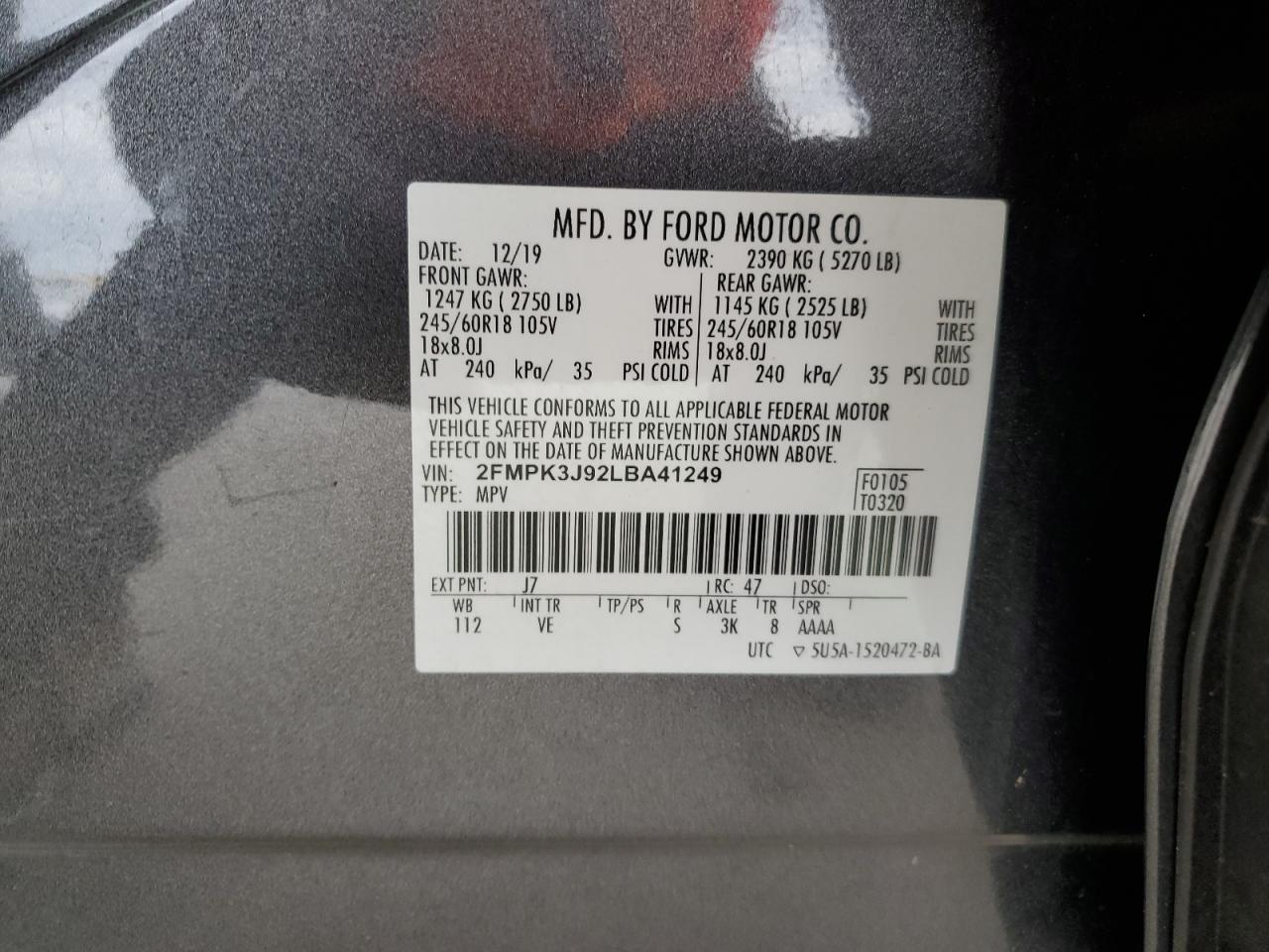 2020 Ford Edge Sel VIN: 2FMPK3J92LBA41249 Lot: 91963955