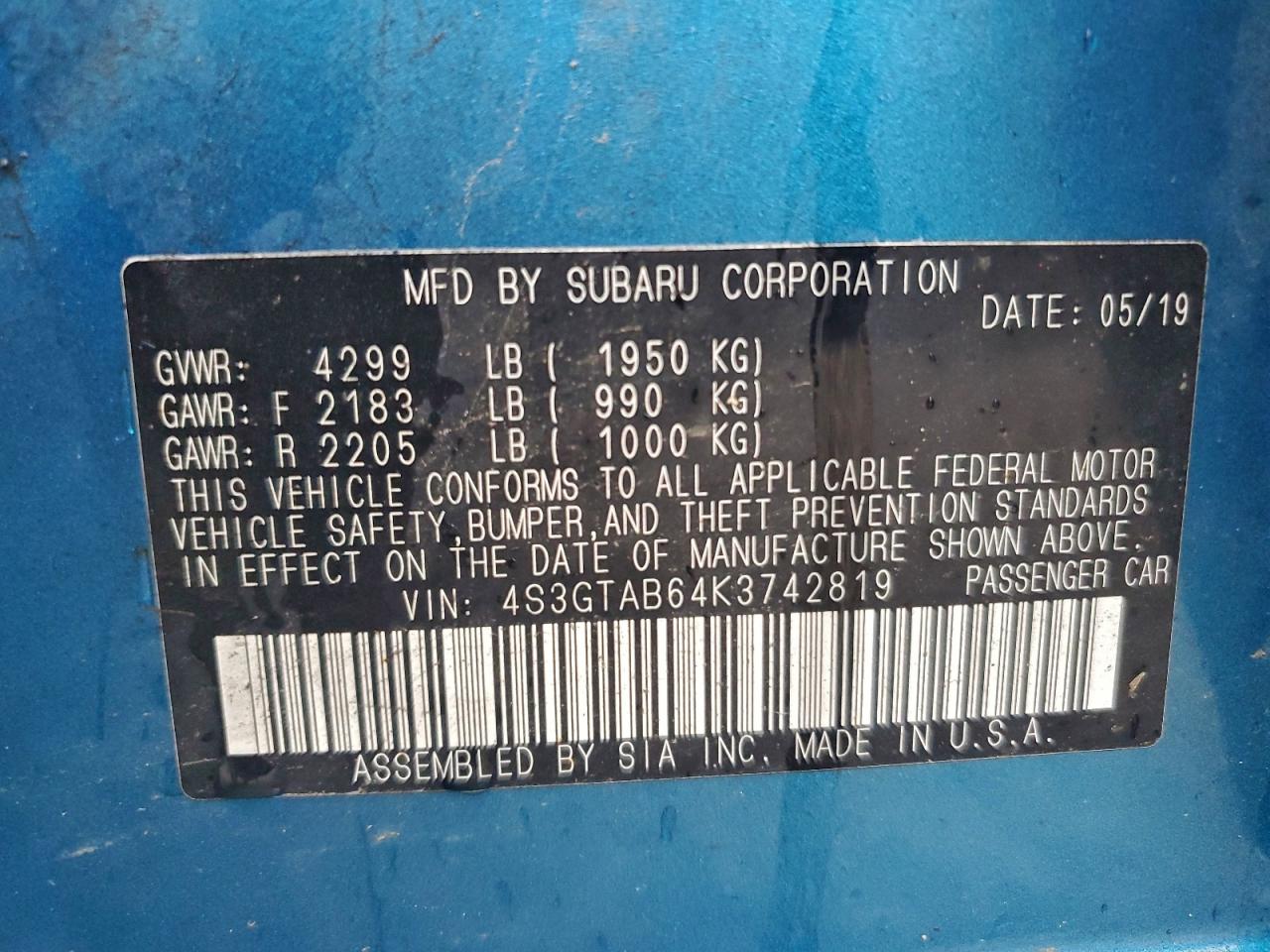 2019 Subaru Impreza VIN: 4S3GTAB64K3742819 Lot: 94347095