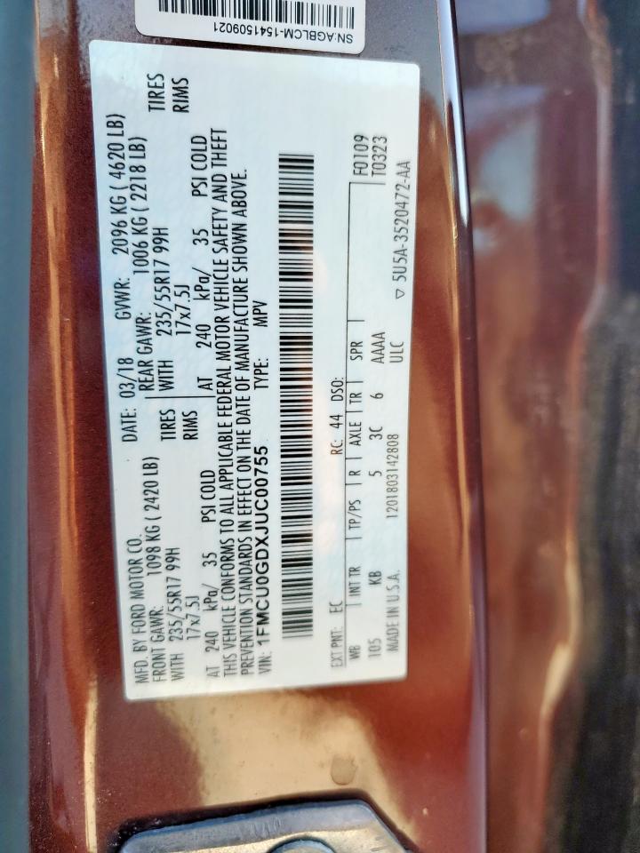 2018 Ford Escape Se VIN: 1FMCU0GDXJUC00755 Lot: 91657785