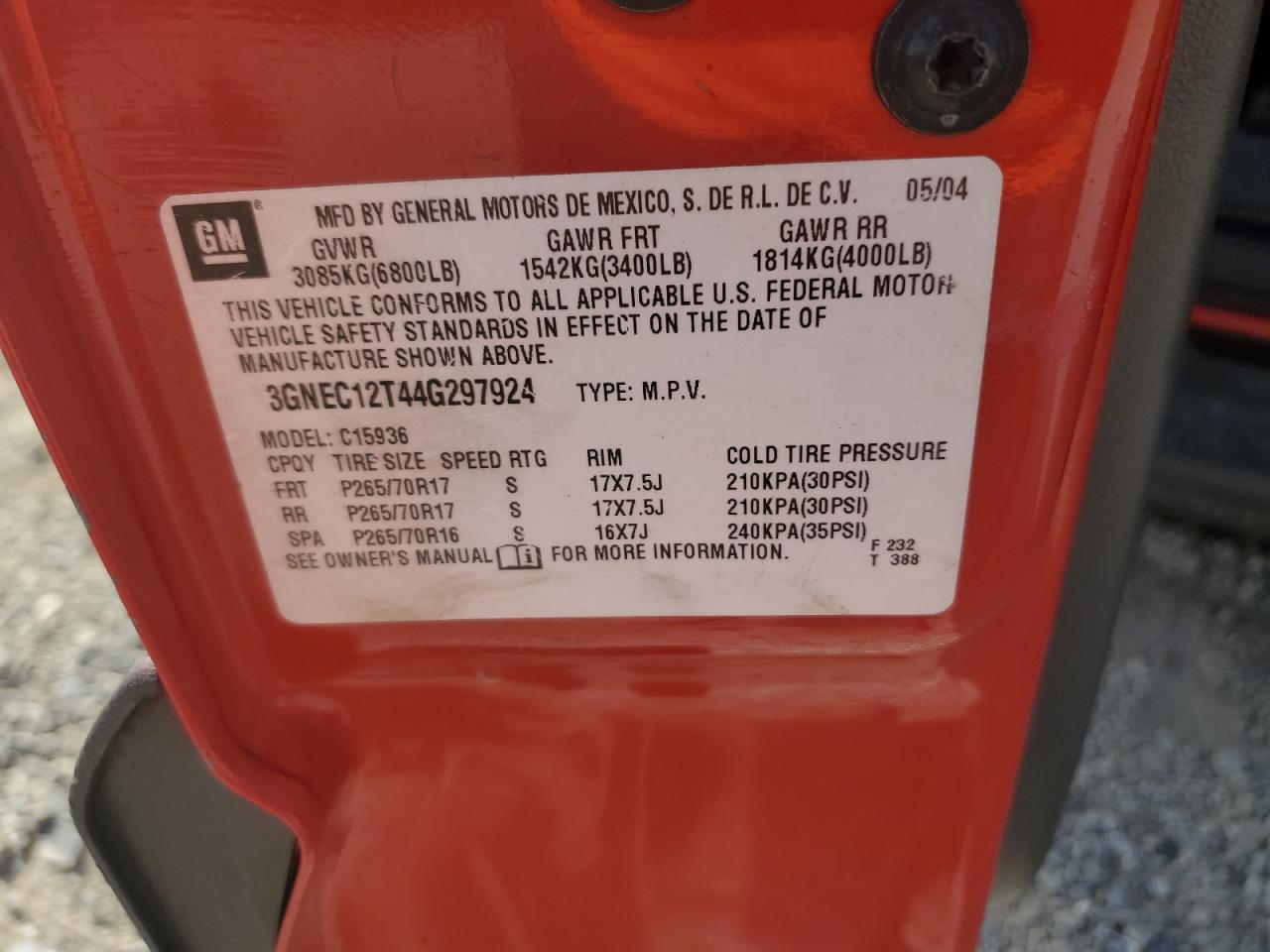 2004 Chevrolet Avalanche C1500 VIN: 3GNEC12T44G297924 Lot: 91606625