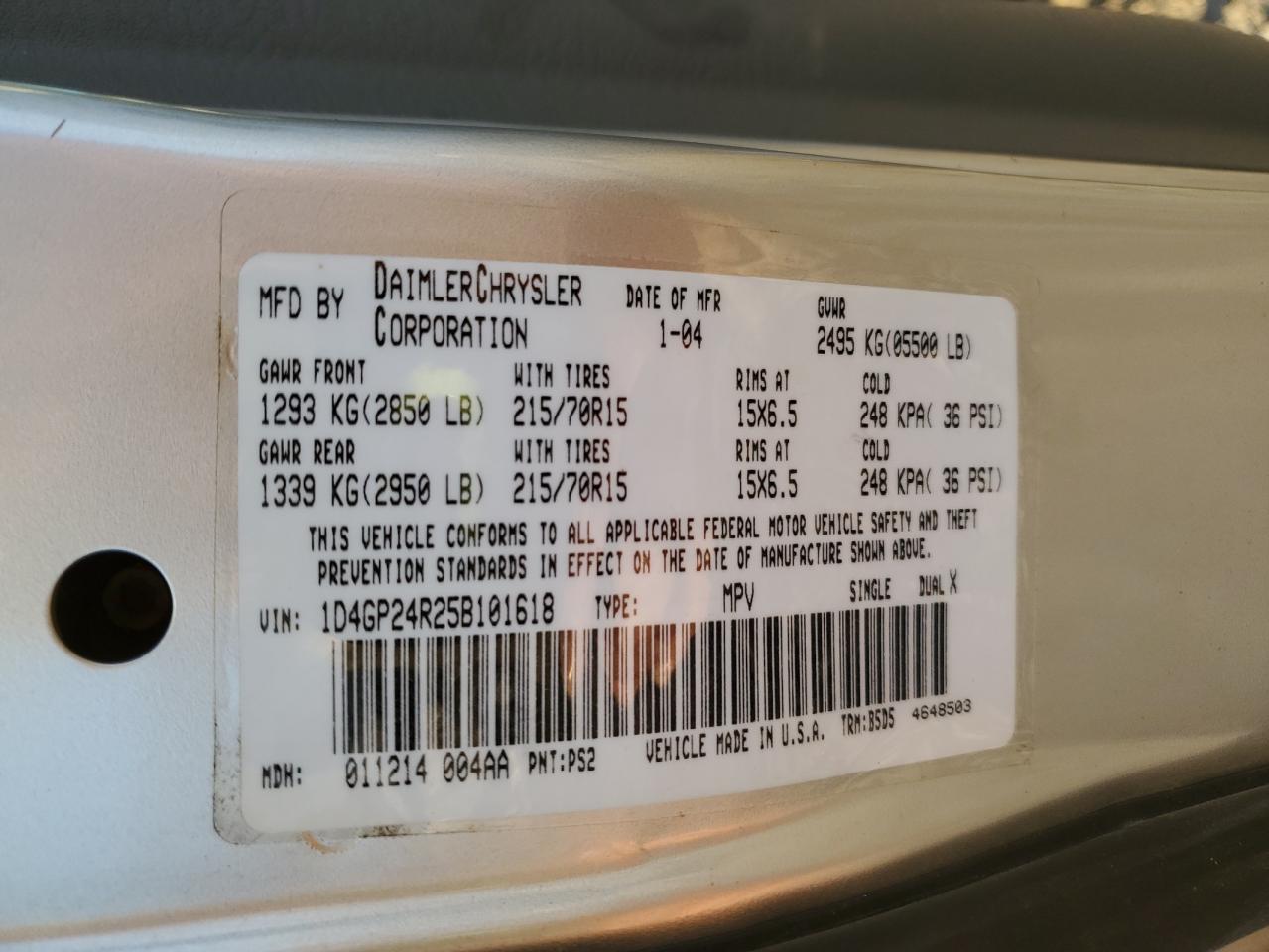 2005 Dodge Grand Caravan Se VIN: 1D4GP24R25B101618 Lot: 90896515