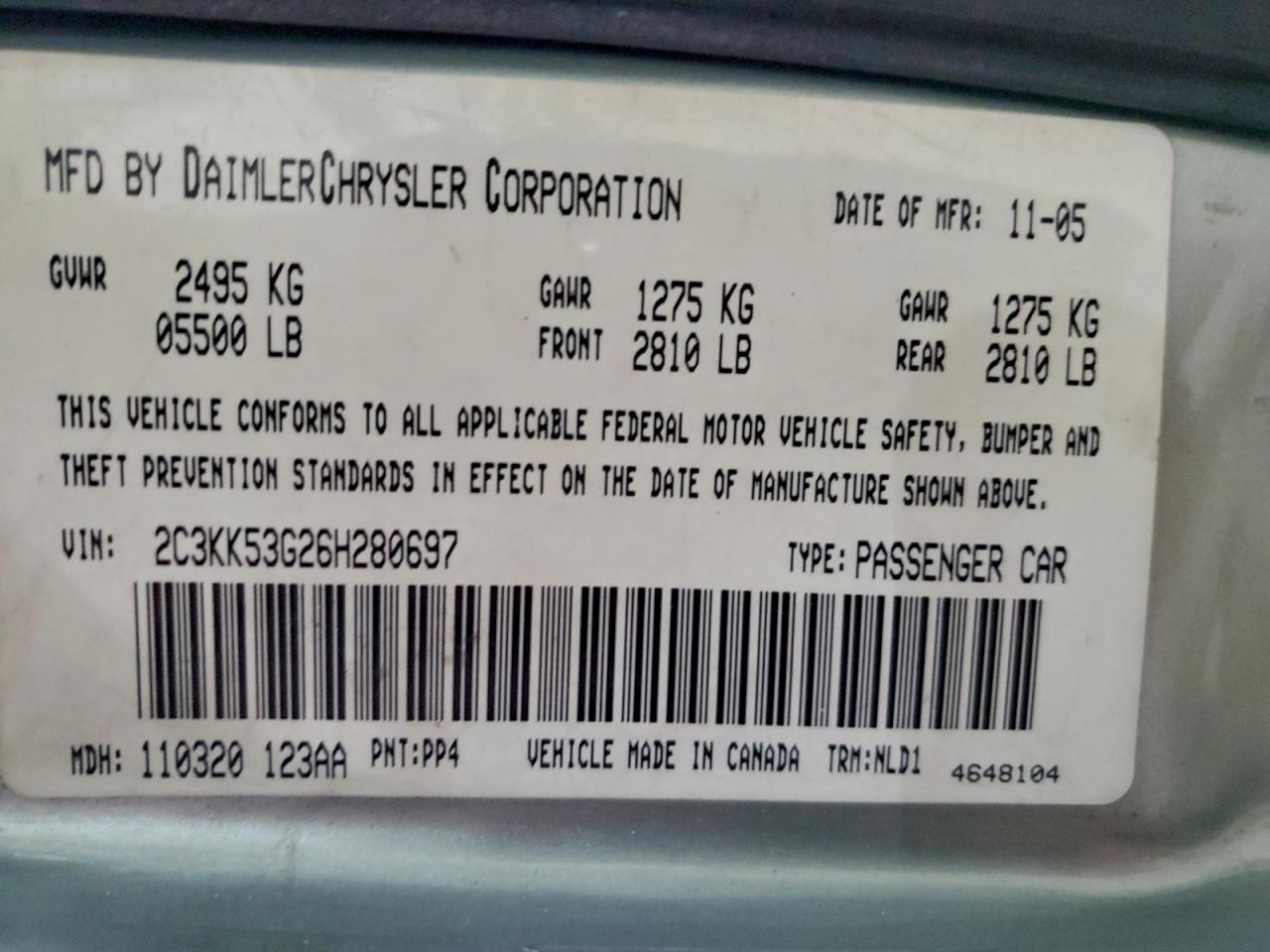 2006 Chrysler 300 Touring VIN: 2C3KK53G26H280697 Lot: 94111415