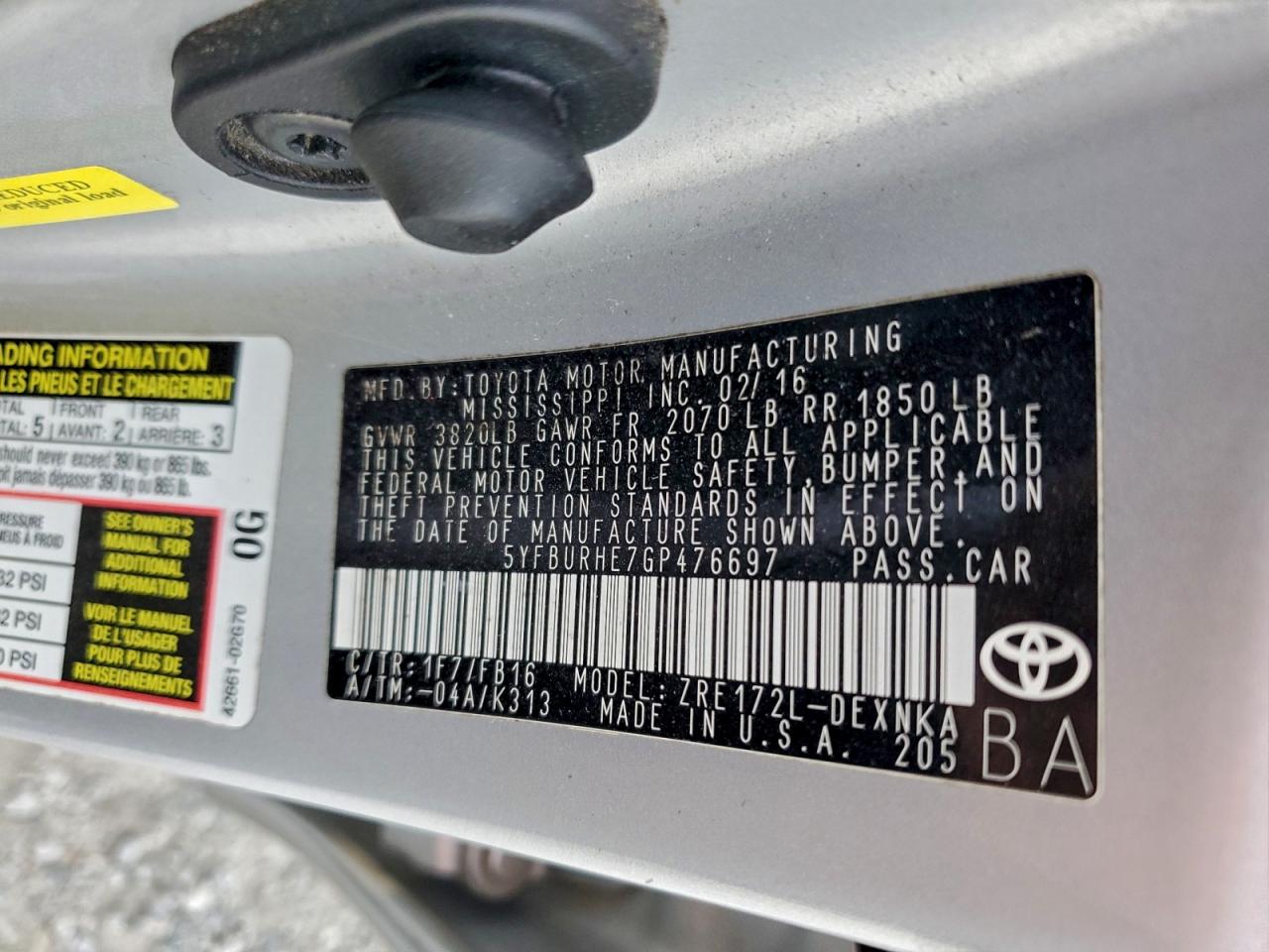 2016 Toyota Corolla L VIN: 5YFBURHE7GP476697 Lot: 94284545