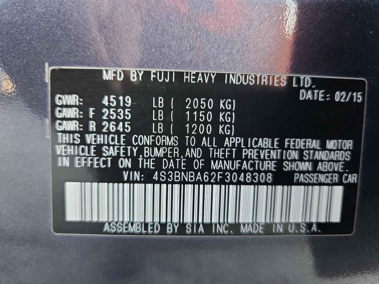 2015 Subaru Legacy 2.5I VIN: 4S3BNBA62F3048308 Lot: 90761825