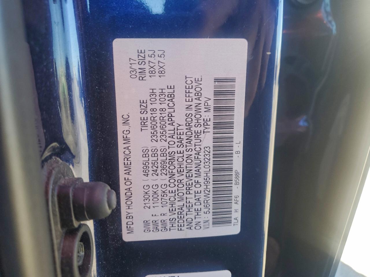 2017 Honda Cr-V Touring VIN: 5J6RW2H95HL032323 Lot: 94508825