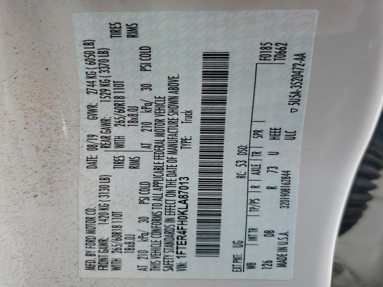 2019 Ford Ranger Xl VIN: 1FTER4FH0KLA87013 Lot: 94338725