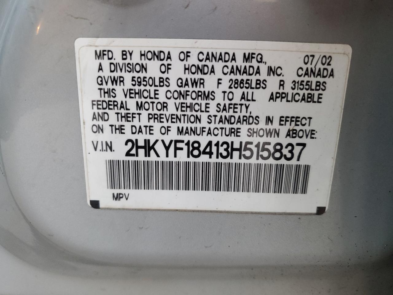 2003 Honda Pilot Ex VIN: 2HKYF18413H515837 Lot: 91288315