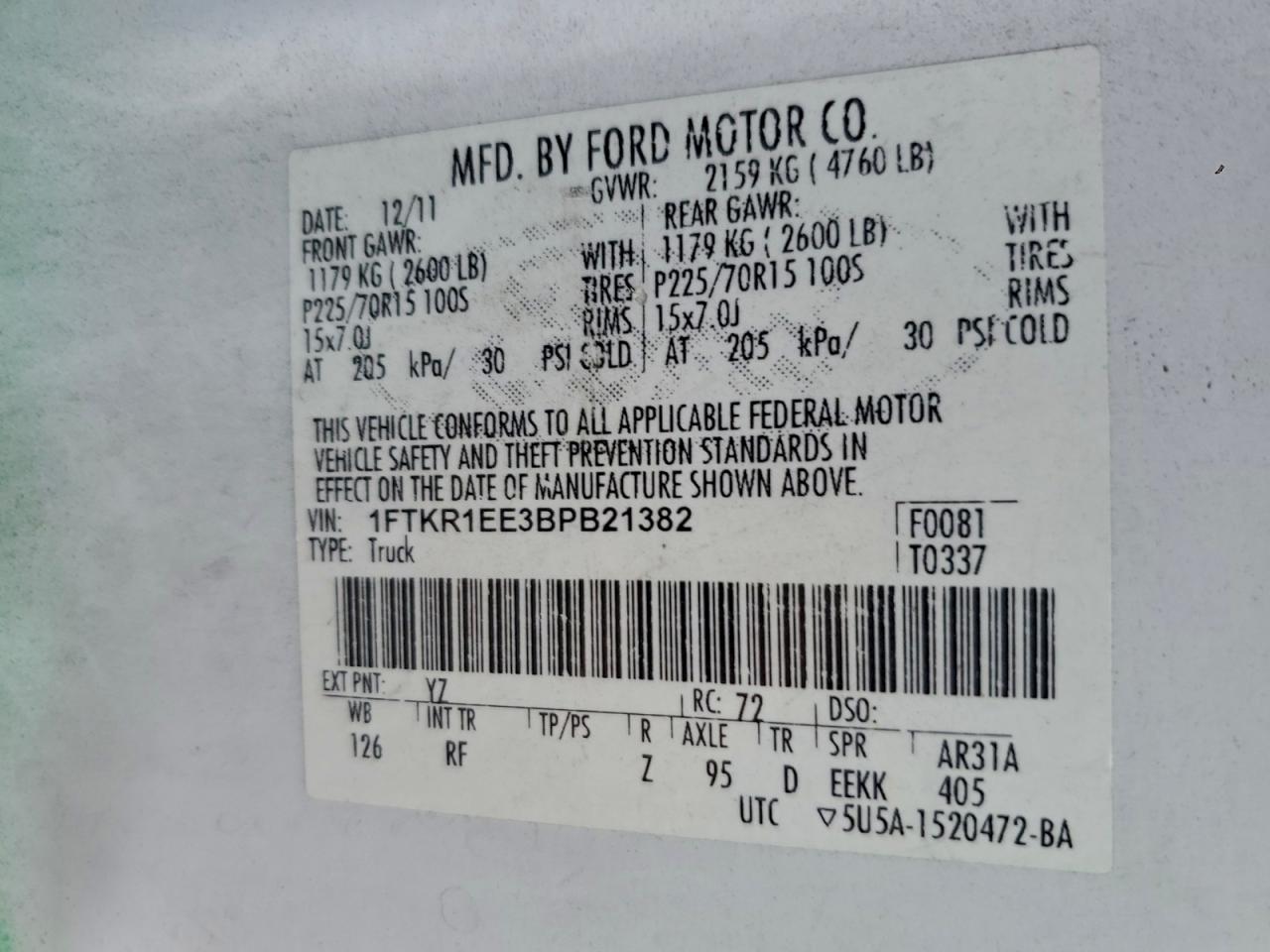 2011 Ford Ranger Super Cab VIN: 1FTKR1EE3BPB21382 Lot: 93981605