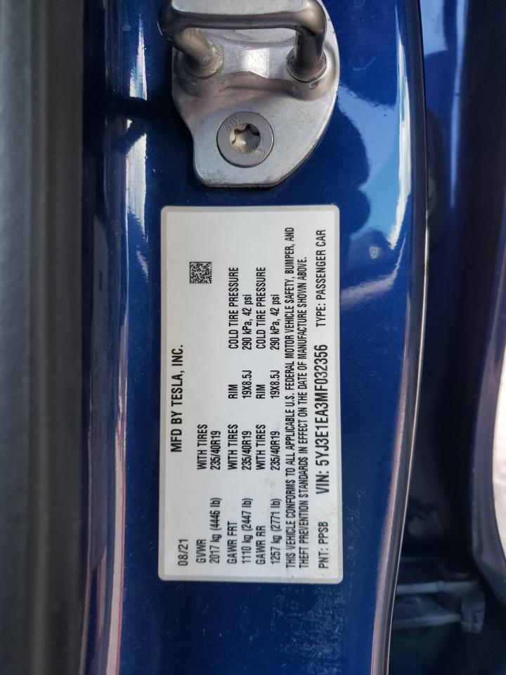 2021 Tesla Model 3 VIN: 5YJ3E1EA3MF032356 Lot: 93091915