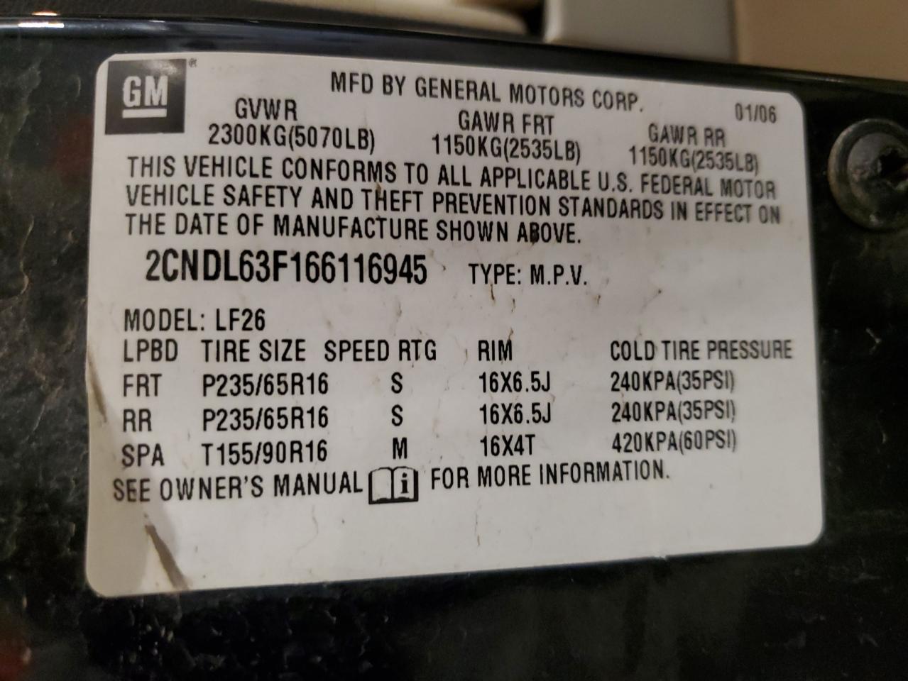 2006 Chevrolet Equinox Lt VIN: 2CNDL63F166116945 Lot: 91802065