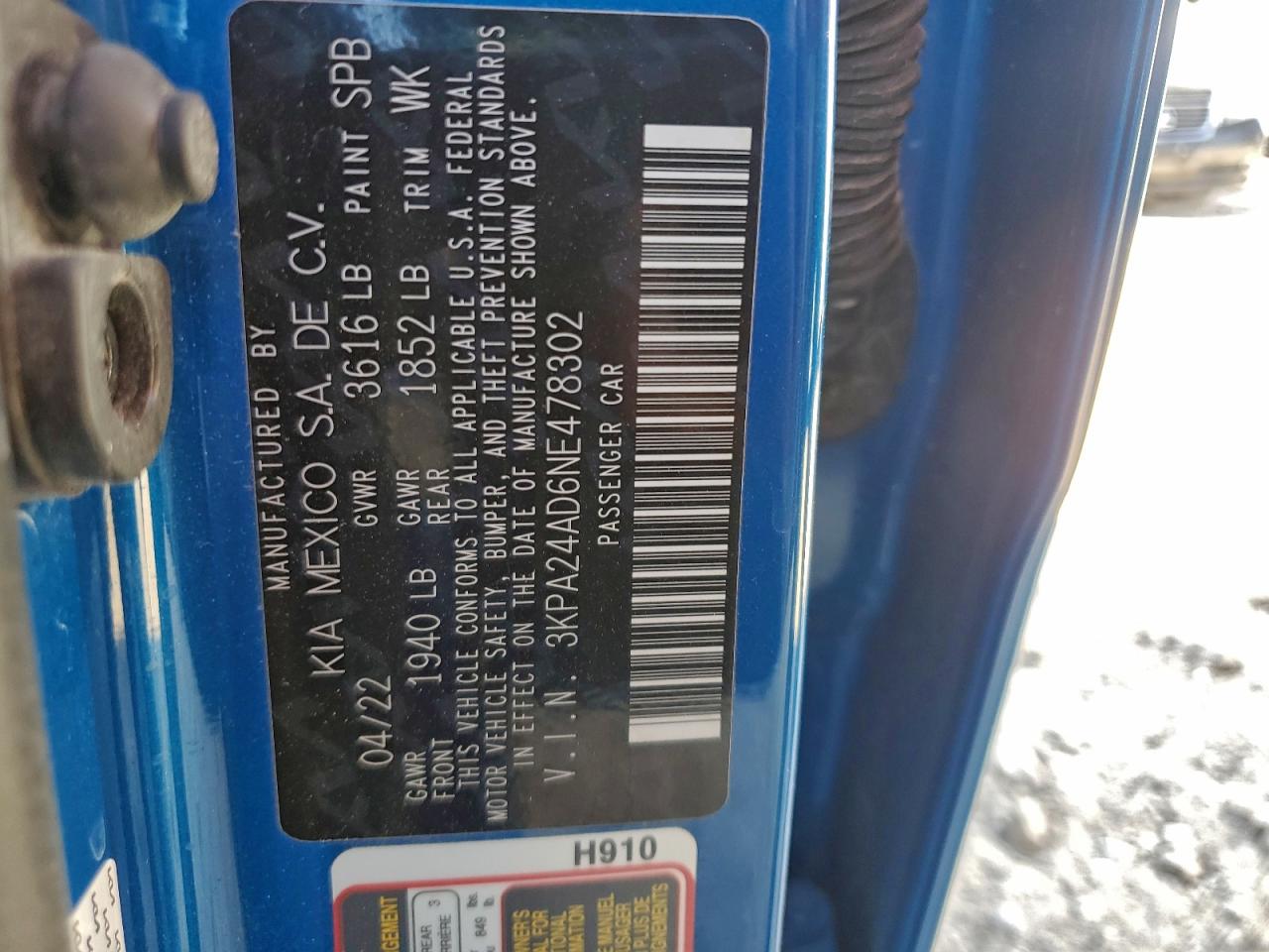 2022 Kia Rio Lx VIN: 3KPA24AD6NE478302 Lot: 94077465