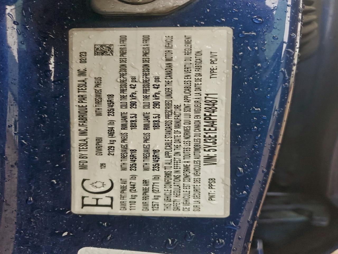 2023 Tesla Model 3 VIN: 5YJ3E1EA4PF484871 Lot: 94439365