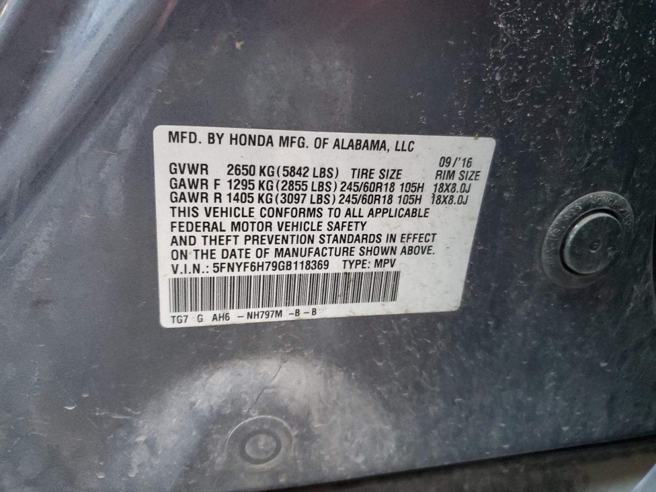 2016 Honda Pilot Exln VIN: 5FNYF6H79GB118369 Lot: 93188865