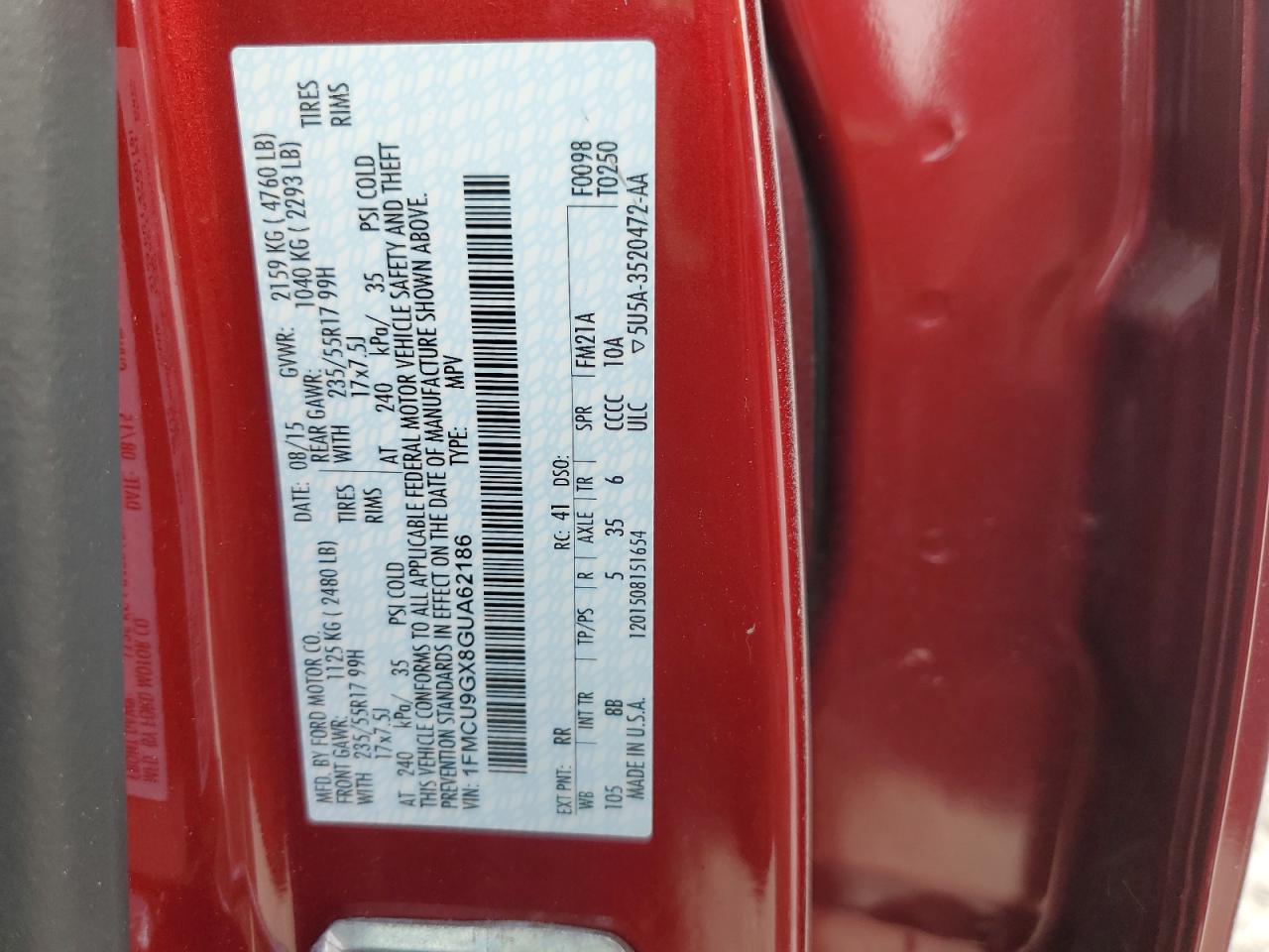 2016 Ford Escape Se VIN: 1FMCU9GX8GUA62186 Lot: 93554935