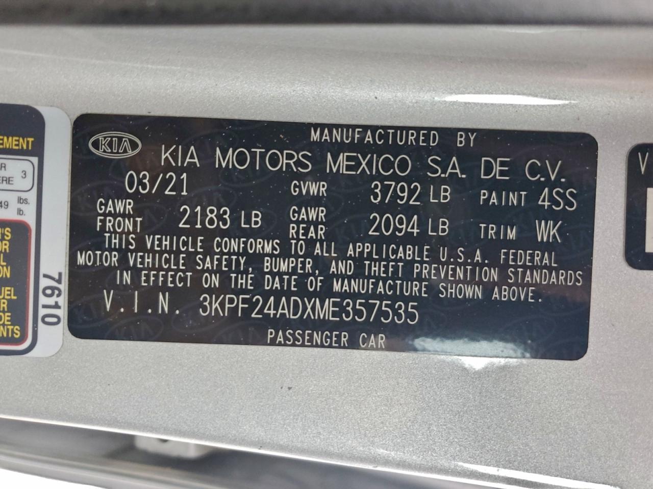 2021 Kia Forte Fe VIN: 3KPF24ADXME357535 Lot: 93276615