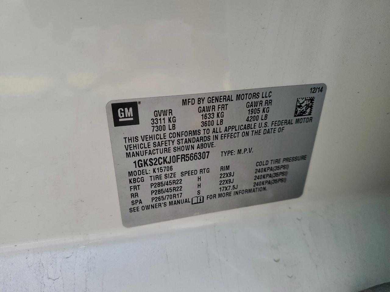 2015 GMC Yukon Denali VIN: 1GKS2CKJ0FR566307 Lot: 92649075