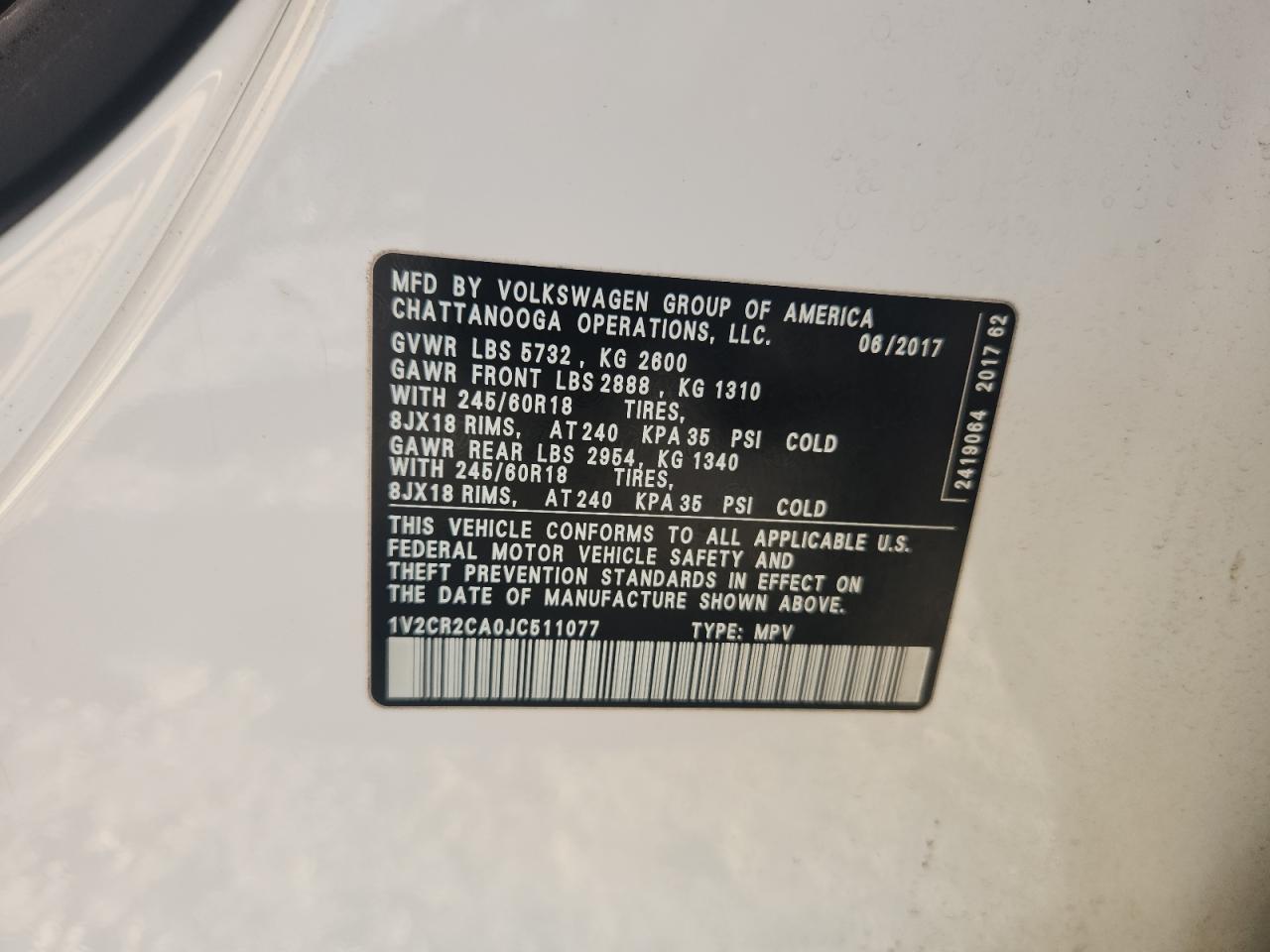 2018 Volkswagen Atlas Se VIN: 1V2CR2CA0JC511077 Lot: 93273955