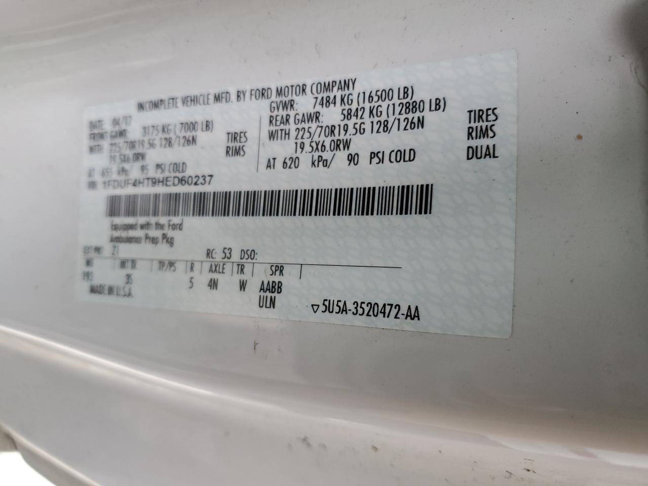 2017 Ford F450 Super Duty VIN: 1FDUF4HT9HED60237 Lot: 93103815