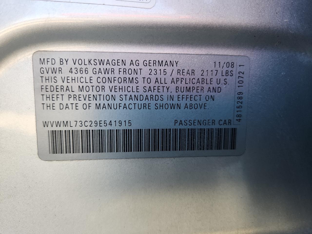 2009 Volkswagen Cc Sport VIN: WVWML73C29E541915 Lot: 92191705