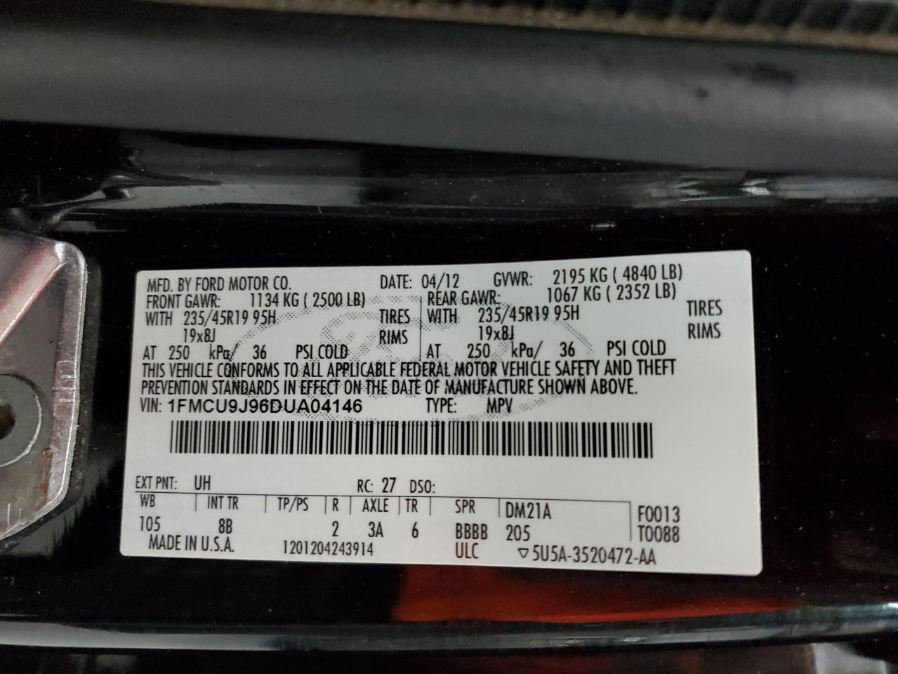 2013 Ford Escape Titanium VIN: 1FMCU9J96DUA04146 Lot: 93898865