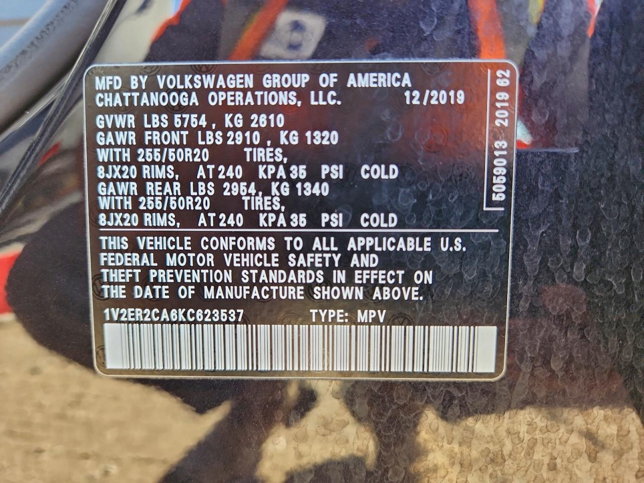 2019 Volkswagen Atlas Sel VIN: 1V2ER2CA6KC623537 Lot: 94596145