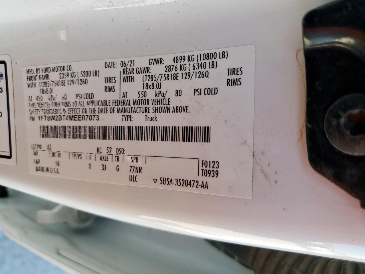 2021 Ford F250 Super Duty VIN: 1FT8W2BT4MEE07073 Lot: 90037015