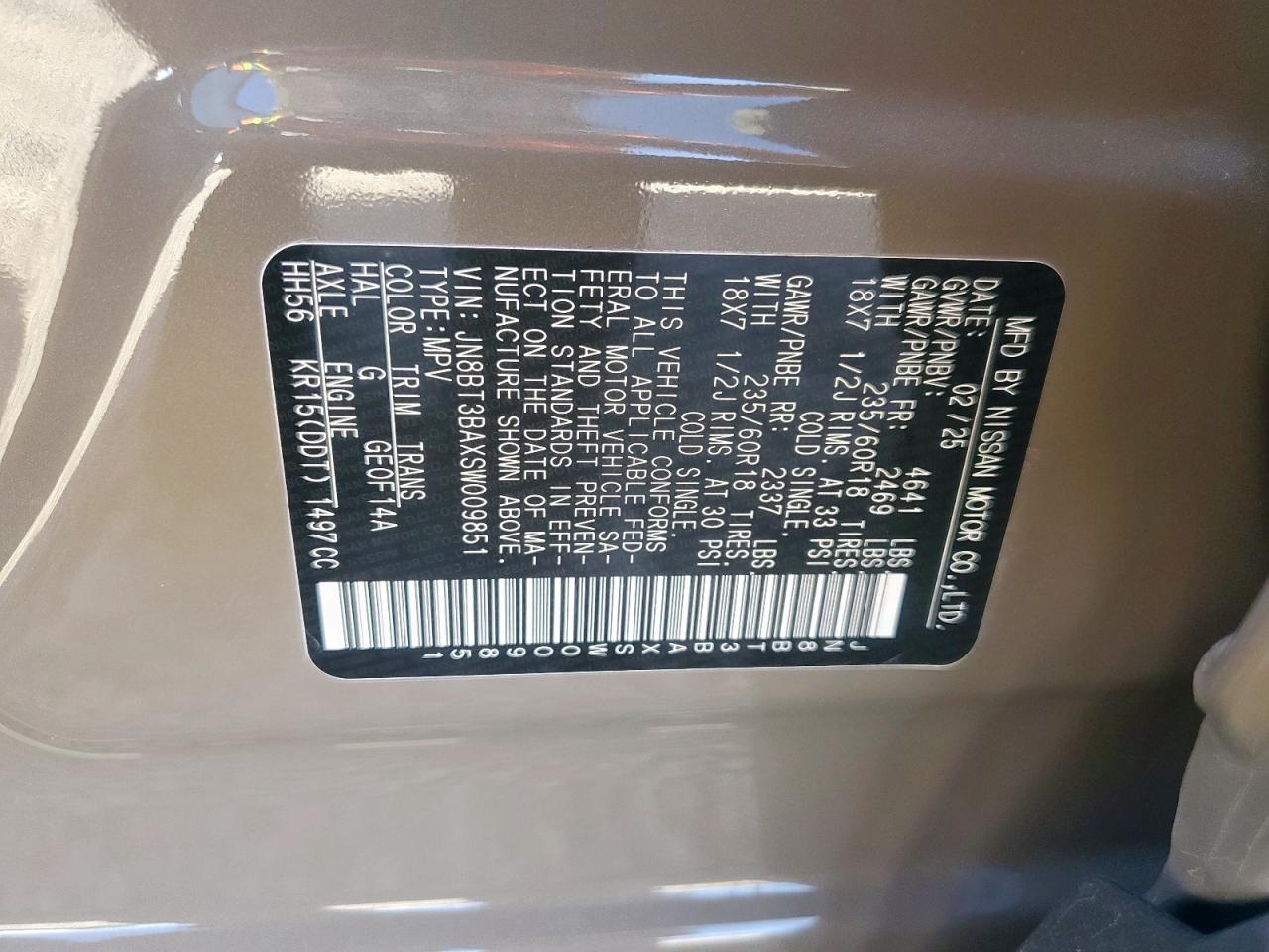 2025 Nissan Rogue Sv VIN: JN8BT3BAXSW009851 Lot: 93213405