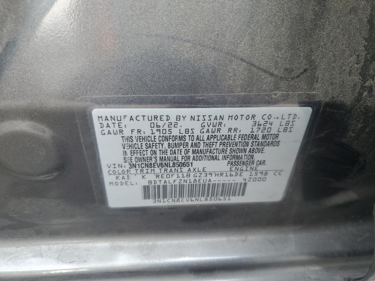 2022 Nissan Versa Sv VIN: 3N1CN8EV6NL850651 Lot: 93370515