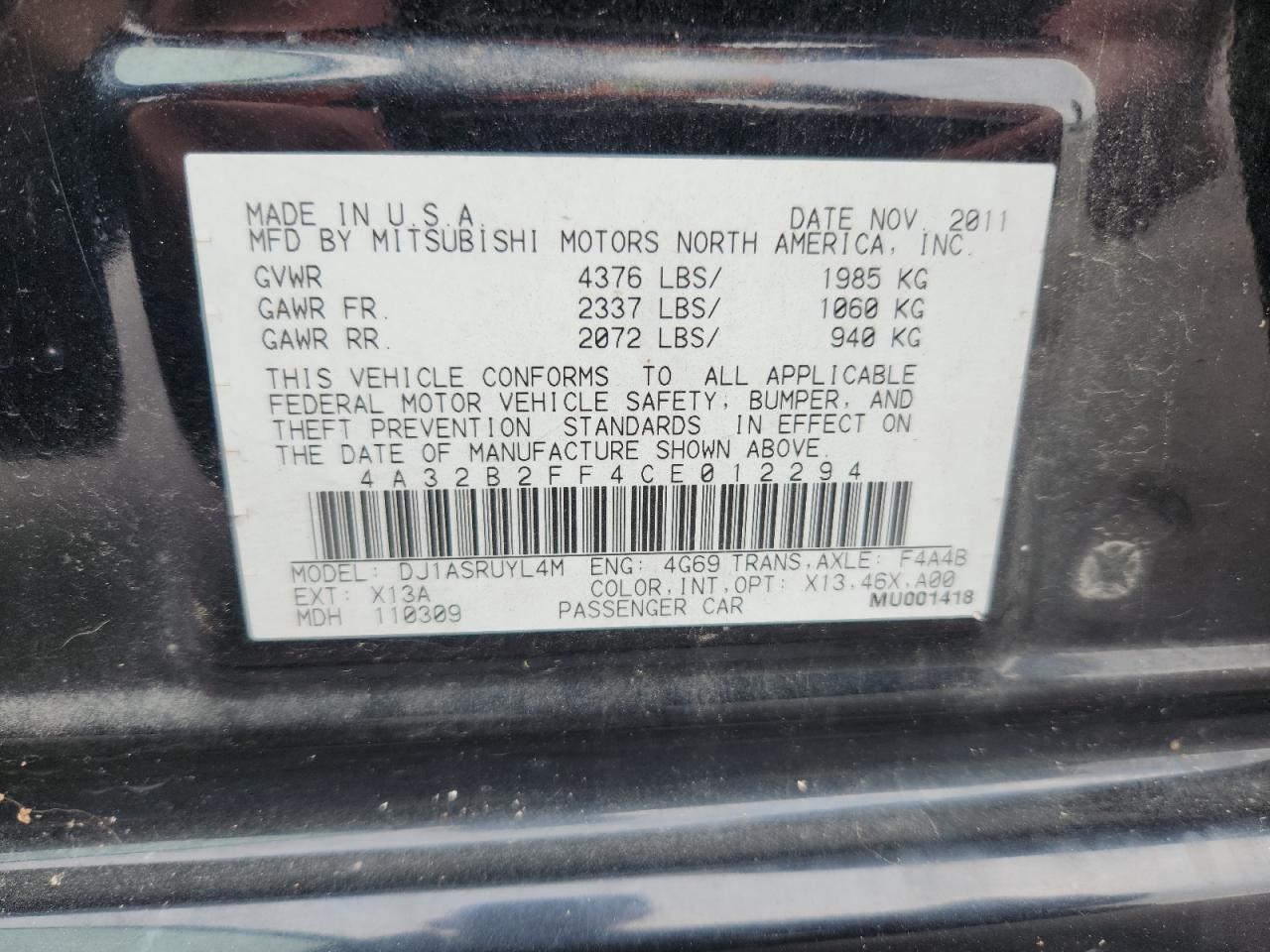 2012 Mitsubishi Galant Fe VIN: 4A32B2FF4CE012294 Lot: 86528425