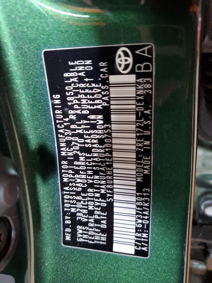 2014 Toyota Corolla L VIN: 5YFBURHE1EP100753 Lot: 91651775